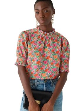J. Crew Smocked Puff-Sleeve Top in Liberty® Meadow Song Fabric Size Small